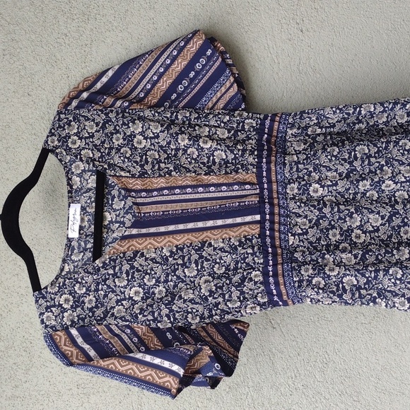 Polagram Navy Tan Floral and Striped Maxi Dress S - Picture 3 of 9